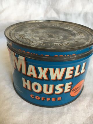 Maxwell House 1 Ib Coffee Tin (empty) W/ Lid,  L 5” H 3 1/2”, 3