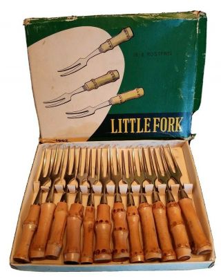 Rostfrei Mid - Century Vtg 12 Pc Little Forks Set Wood Handles Box Mcm Tiki Pickle