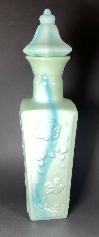 Vintage Jadeite Marbled Milk Glass Flower Embossed Liquor Bottle Decanter Pagoda