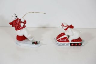 Coca Cola Coke Polar Bear On Snow Mobile & Fishing Ceramic Figurines 1995