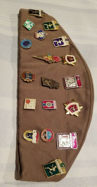Vintage Russian Soviet Soldier Pilotka Cap Hat With Olympic Pins & 3 Patches