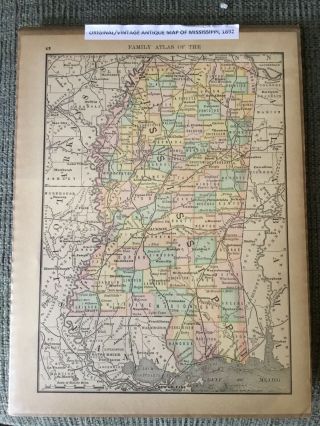 Original/vintage Antique Map Mississippi,  1892,  Jackson,