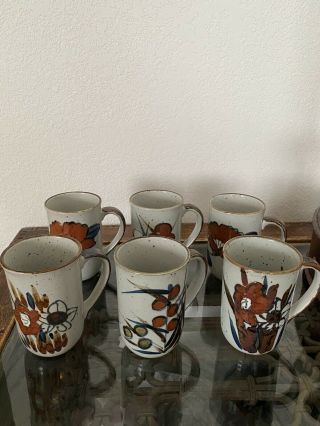 Vintage Mugs Set Of 6 Speckled Stoneware Hand Painted Mid Century Japan