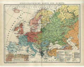 1912 Europe Ethnography People Types Races Germany Russia France Italy Map Dated