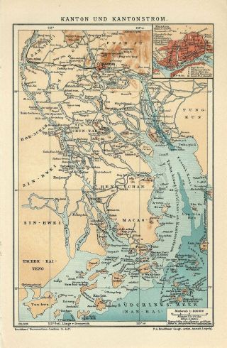 1909 China Canton Macau Macao Guangzhou Antique Map Dated