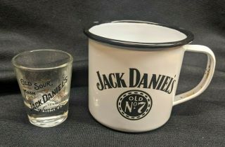 Jack Daniels Old No.  7 Whiskey Vintage White Porcelain Tin Cup & Shot Glass