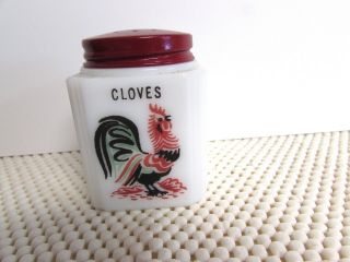 Vtg Mckee Tipp City Rooster Cloves Spice Shaker Jar Milk Glass Red Lid