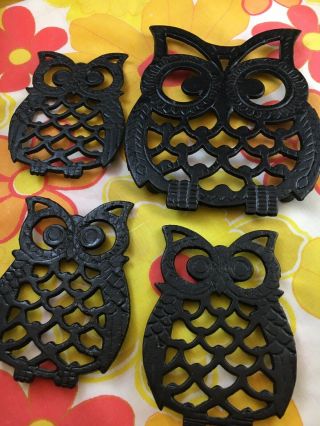Vintage Cast Iron Owl Trivets - Black - Set Of 4 - Hippie Boho Retro Kitchenware