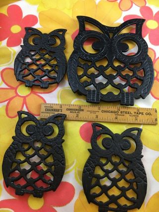 Vintage Cast Iron Owl Trivets - Black - Set Of 4 - Hippie Boho Retro Kitchenware 3