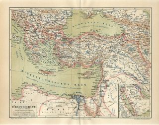 1889 Turkey Ottoman Empire Greece Crete Cyprus Sirya Damaskus Antique Map Dated