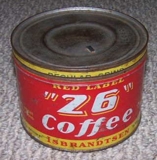 Vintage Red Label " 26 " Coffee One Pound Tin Can With Lid Isbrandtsen York 26