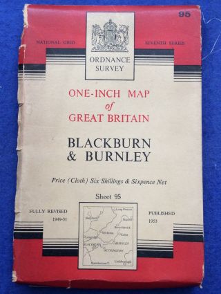 Ordnance Survey One Inch Cloth Map Blackburn And Burnley Sheet 95,  1953