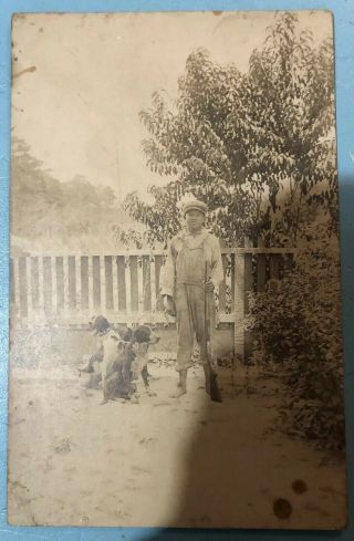 Vintage 1900’s Real Photo Postcard Black African American Kid Hunting Dogs Rppc