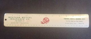 Vintage Ruler Advertising Western Mutual Insurance Des Moines Grundy Center Iowa