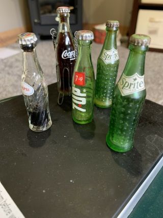 5 Vintage Miniature Glass Soda Pop Bottles W/caps Sprite,  7 Up Pepsi Coke