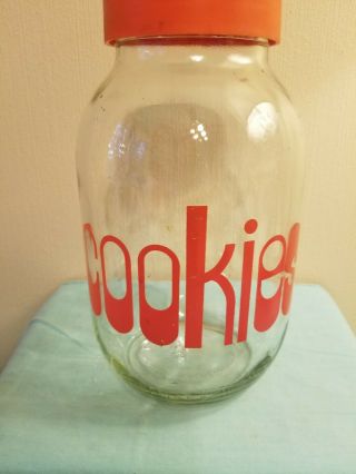 Vintage 1970 ' S Clear Glass Cookie Jar W/ Lid Orange Text (3 Liter) USA Carlton 2