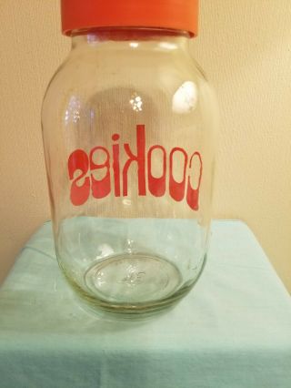 Vintage 1970 ' S Clear Glass Cookie Jar W/ Lid Orange Text (3 Liter) USA Carlton 3