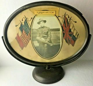 Vintage World War 1 Photograph Post Card Soldier Framed With Flag Matte