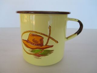 Vintage Monterrey Western Ware Enamel Enamelware Mug Cup Yellow Cowboy Hat