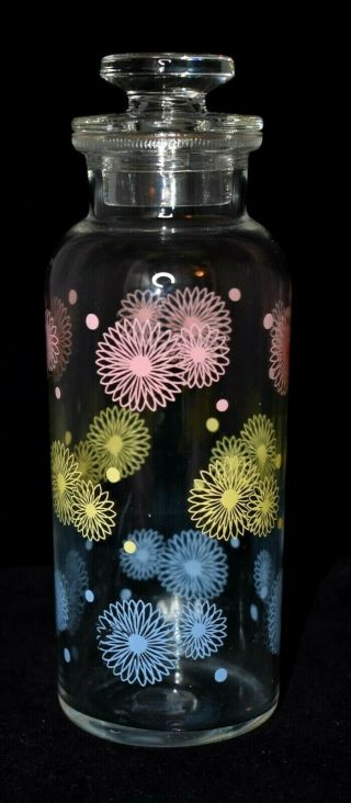 Vintage Glass Jar Container With Lid Blue Pink & Yellow Circle Designs 7 3/4 Inc