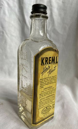 Vintage Kreml Hair Tonic Bottle With Label,  Canaan,  Conn,  Barbershop Decor