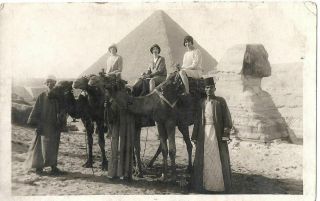 Vintage Real Photo Postcard,  Flapper Girls In Egypt On Camels,  Pyramid & Sphinx