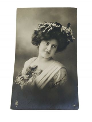 Vintage Real Photo Post Card Dutch Lady With Flowers In Her Hair 1910