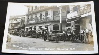 Vintage Rppc Panama Photo Postcard - Busy Street Scene Market Vendors Trucks
