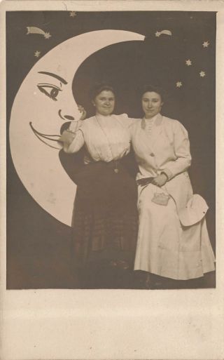 Vintage Postcard Rppc Mother & Daughter No Hats Paper Moon Studio Photo