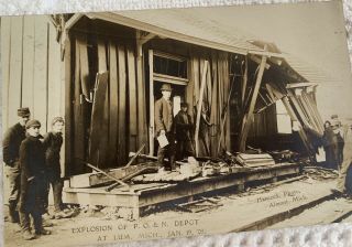 Vintage Real Photo Postcard Rppc Explosion Of Post Office & Depot Lum Mich 1909