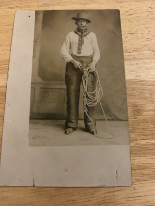 Vintage Photo Cowboy Postcard With Chaps Rope Cigar And Pistol Pulled