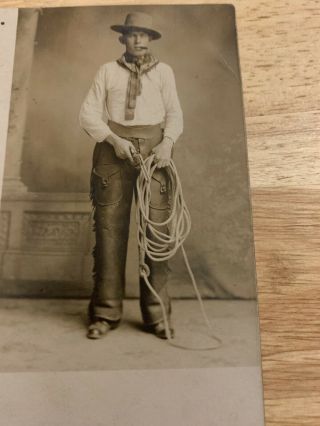 Vintage Photo Cowboy Postcard With Chaps Rope Cigar And Pistol Pulled 2