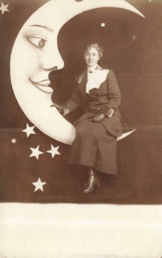 Vintage Postcard Rppc Pretty Woman Paper Moon Studio Photo Gloves Cartoon