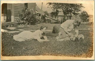 Vintage 1912 Rppc Photo Postcard Kids Playing In House Yard - Shaving Scene