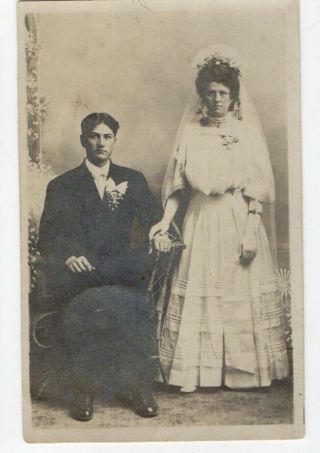 040720 Vintage Rppc Real Photo Postcard Bride With Seated Groom Circa 1910