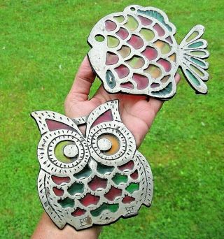 2 Vintage Cast Iron Fish Owl Trivet Stained Glass