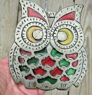 2 Vintage Cast Iron Fish Owl Trivet Stained Glass 3