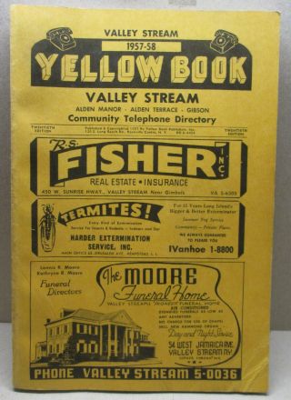 Vintage Telephone Book 1957 - 58 Valley Stream,  Ny,  Yellow & White Pages