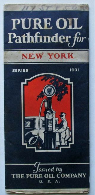 1931 Pure Oil & Gasoline Pathfinder Road Map York W Gasoline Pump On Cover
