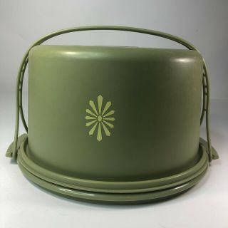 Vtg Tupperware Avocado Olive Green Round Cake Taker Keeper Carrier W/handle 684