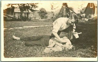 Vintage Rppc Photo Postcard Two Boys In House Yard - Shaving Scene - Dated 1912