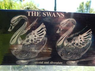 Pair Godinger Crystal & Silver Plate Swan Salt & Pepper Cellars With Spoons 1984