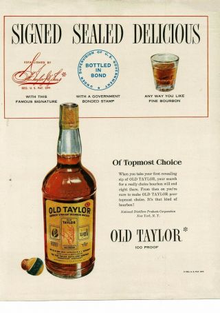 1950 Old Taylor Bourbon Whiskey Signed Delicious Vintage Ad