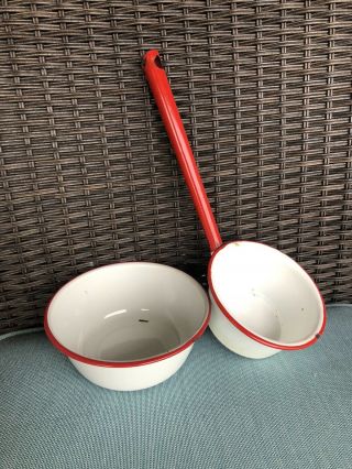 Vintage Enamelware Long Handle Ladle & Bowl White With Red Trim