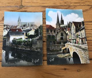 2 Rare Vintage Chartres Cathedral Hand Color Real Photo Postcards France