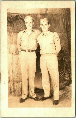 Vintage 1940s Wwii Studio Photo Rppc Postcard 2 Young Soldiers In Uniform