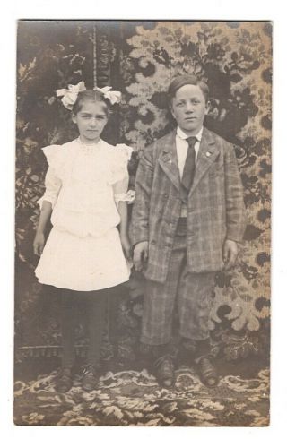 080920 Vintage Rppc Real Photo Postcard Boy In Plaid Suit And Girl In White