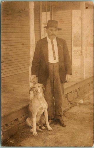 Vintage Rppc Real Photo Postcard Man With Dog At House Porch C1910s