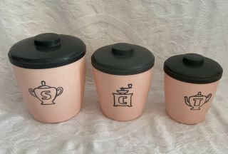 Vintage Mid Century Mod Set Of 3 Pink Grey Lid Canisters Cols.  Plastic Product