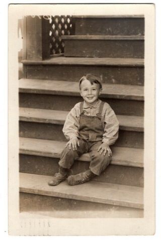 080920 Vintage Rppc Real Photo Postcard Little Boy In Overalls 1913
